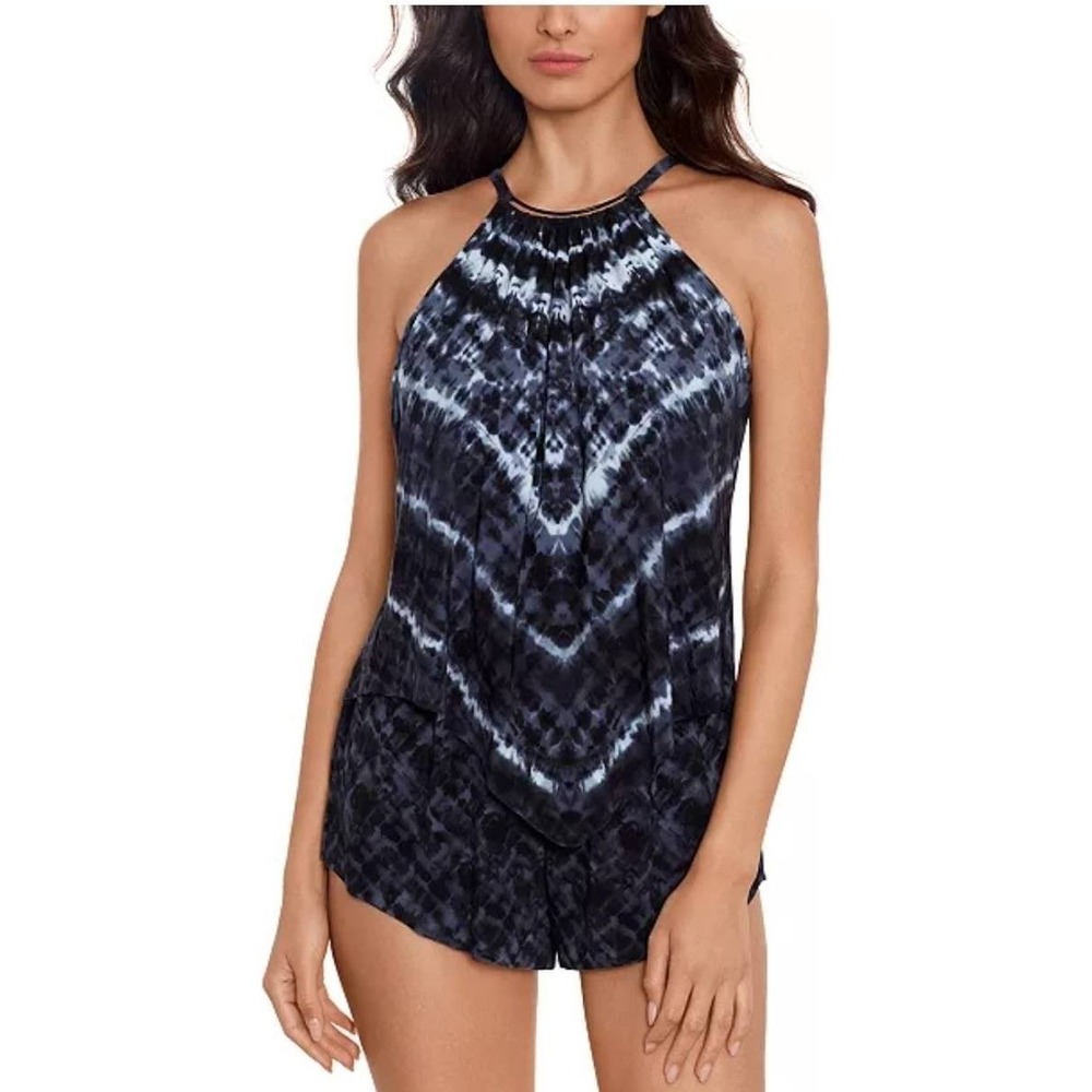 Magicsuit Vera Cruz Goldie Black Tie Dye Tiered Ruffle Swim Romper 16 Modest NWT